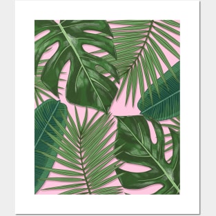 Monstera, Spider Palm, Tropical Leaves Print on Pink Posters and Art